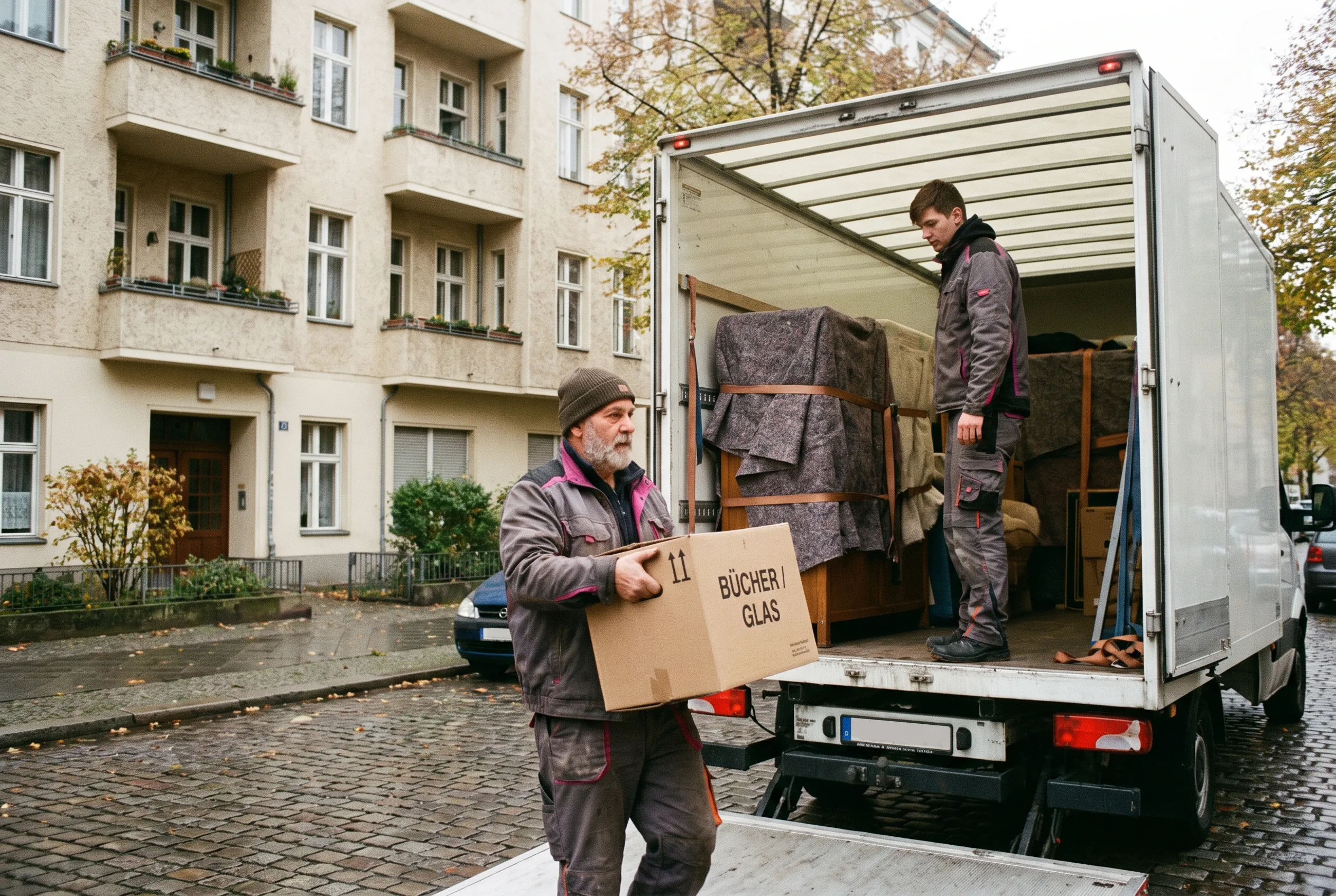 Umzugsteam lädt beschriftete Umzugskartons in einen Umzugswagen vor einem Wohnhaus – Umzug in Nürnberg